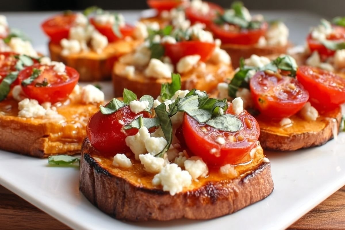 Mediterranean Sweet Potato Appetizer Bites with Hummus & Feta