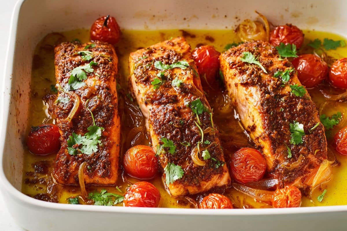 Baked Salmon With Harissa and Cherry Tomatoes