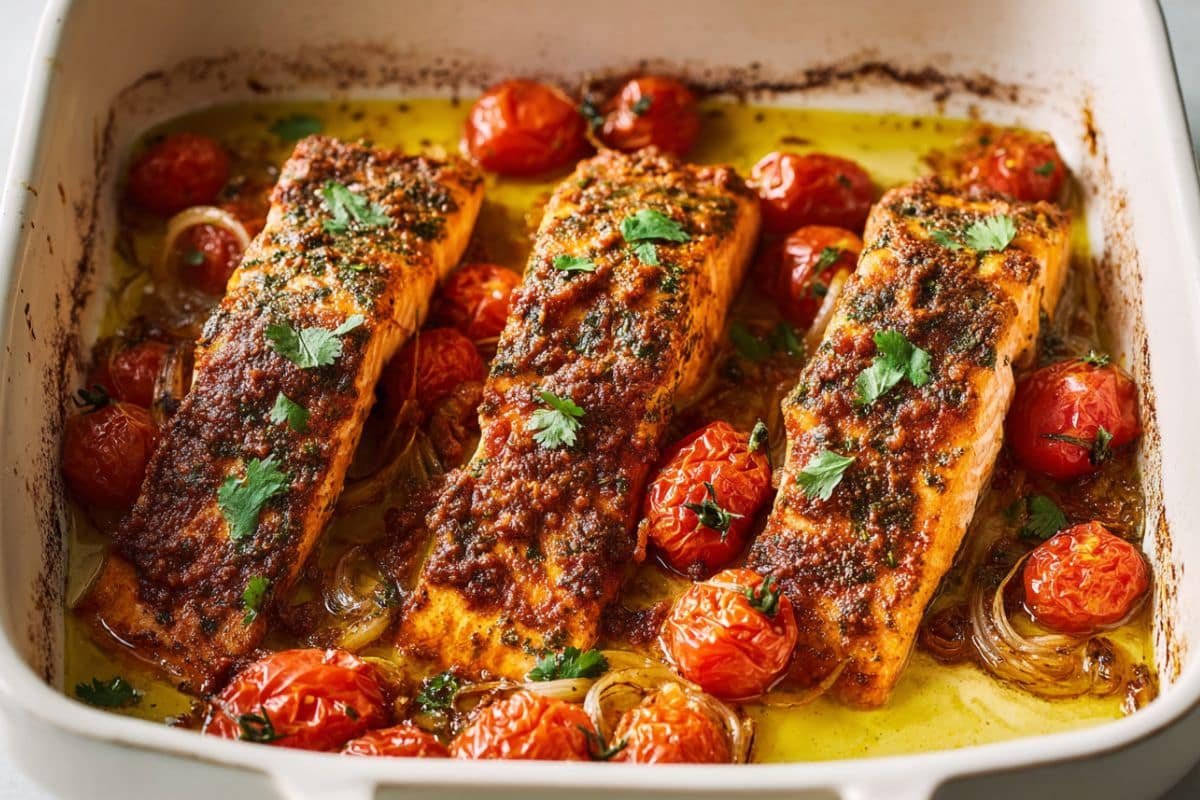 Baked Salmon With Harissa and Cherry Tomatoes 3 Baked Salmon With Harissa and Cherry Tomatoes