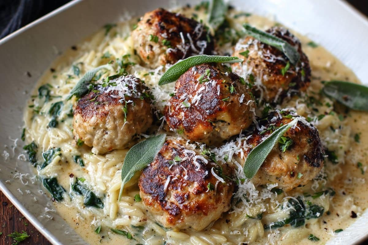 Baked Sage Chicken Meatballs with Parmesan Orzo