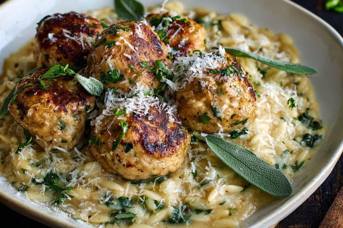 Baked Sage Chicken Meatballs with Parmesan Orzo