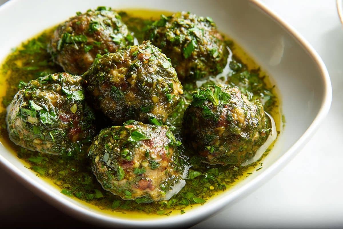 Chicken Meatballs with Molokhieh, Garlic, and Cilantro