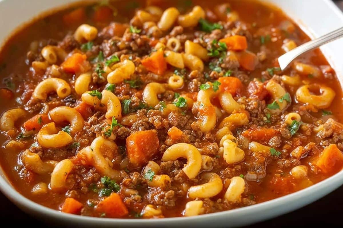 One Pot Beef and Tomato Macaroni Soup