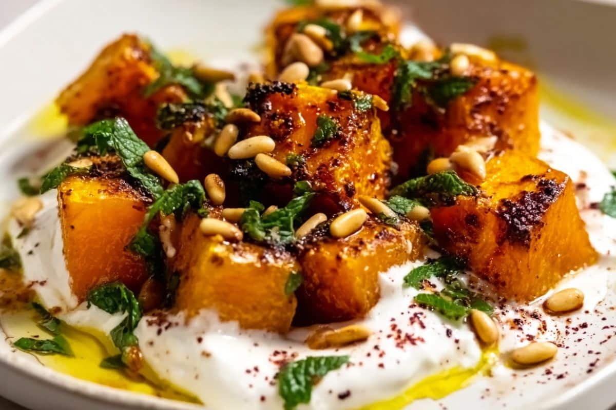 Roasted Pumpkin with Lemon Yogurt Sauce and Pine Nuts
