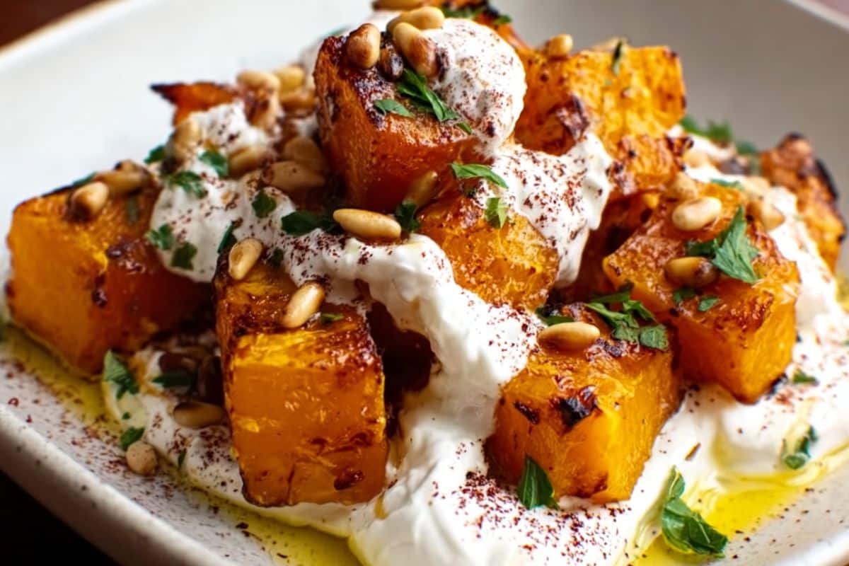 Roasted Pumpkin with Lemon Yogurt Sauce and Pine Nuts