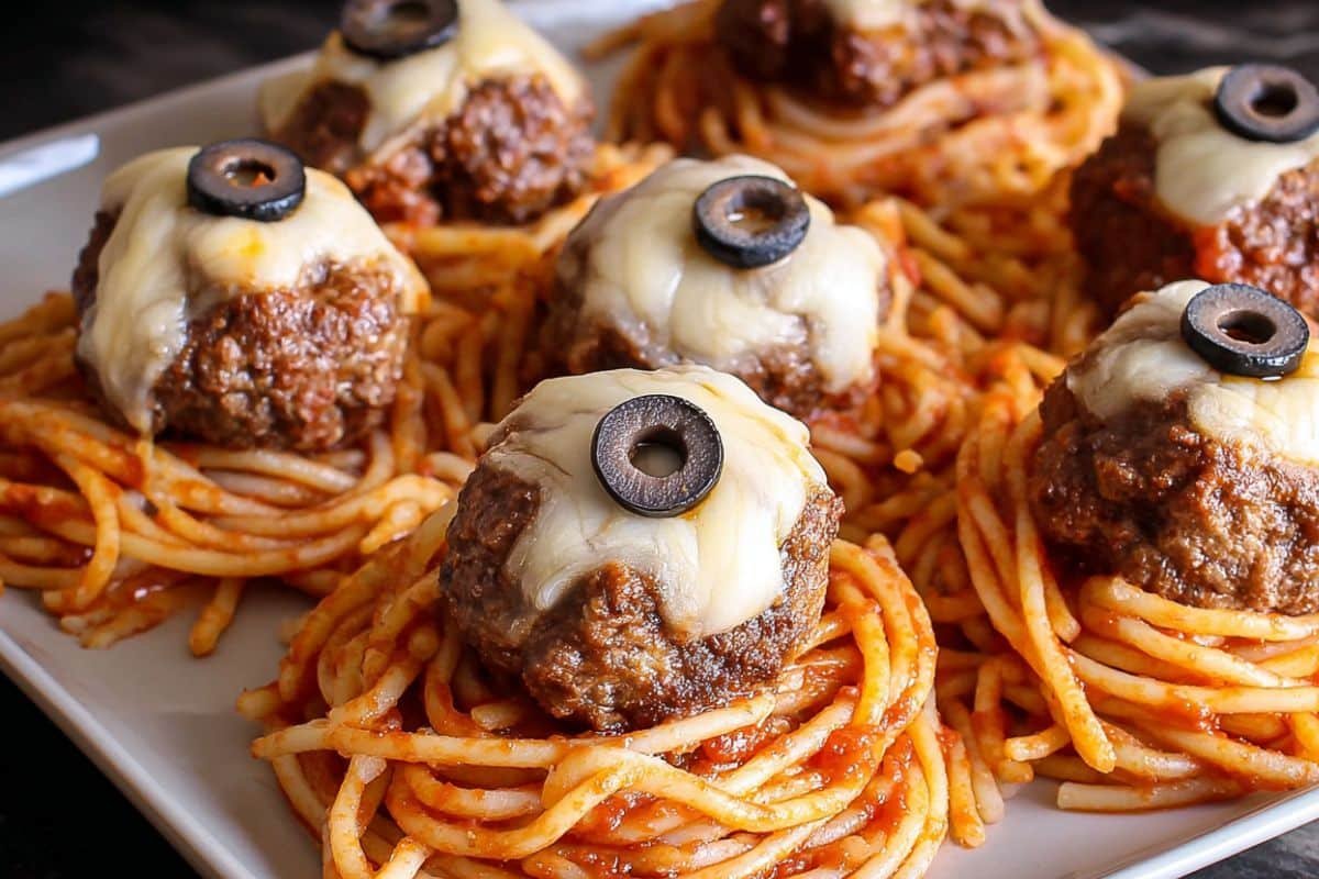 Spooky Spaghetti and Cheese Stuffed Meatballs