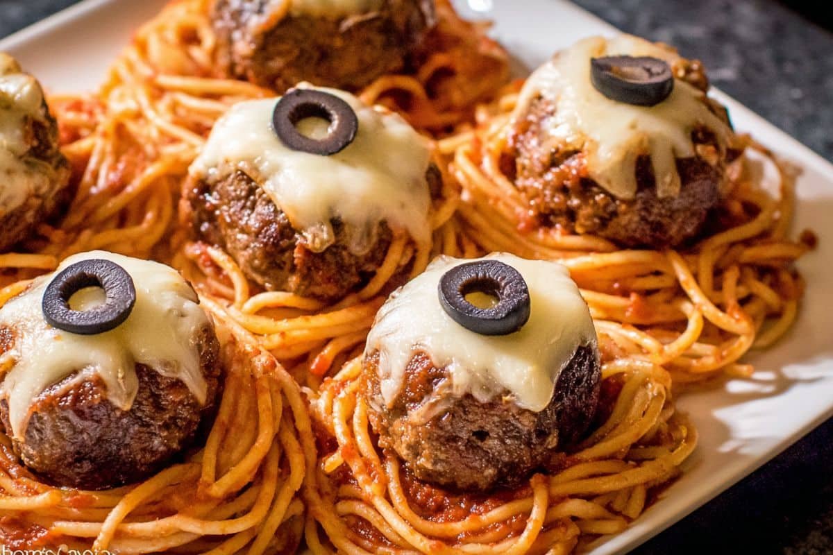 Spooky Spaghetti and Cheese Stuffed Meatballs