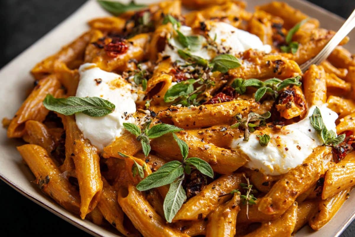 Creamy Sun‑Dried Tomato Pasta with Melted Burrata