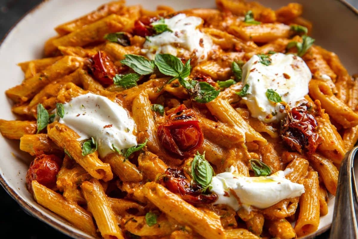 Creamy Sun-Dried Tomato Pasta with Melted Burrata