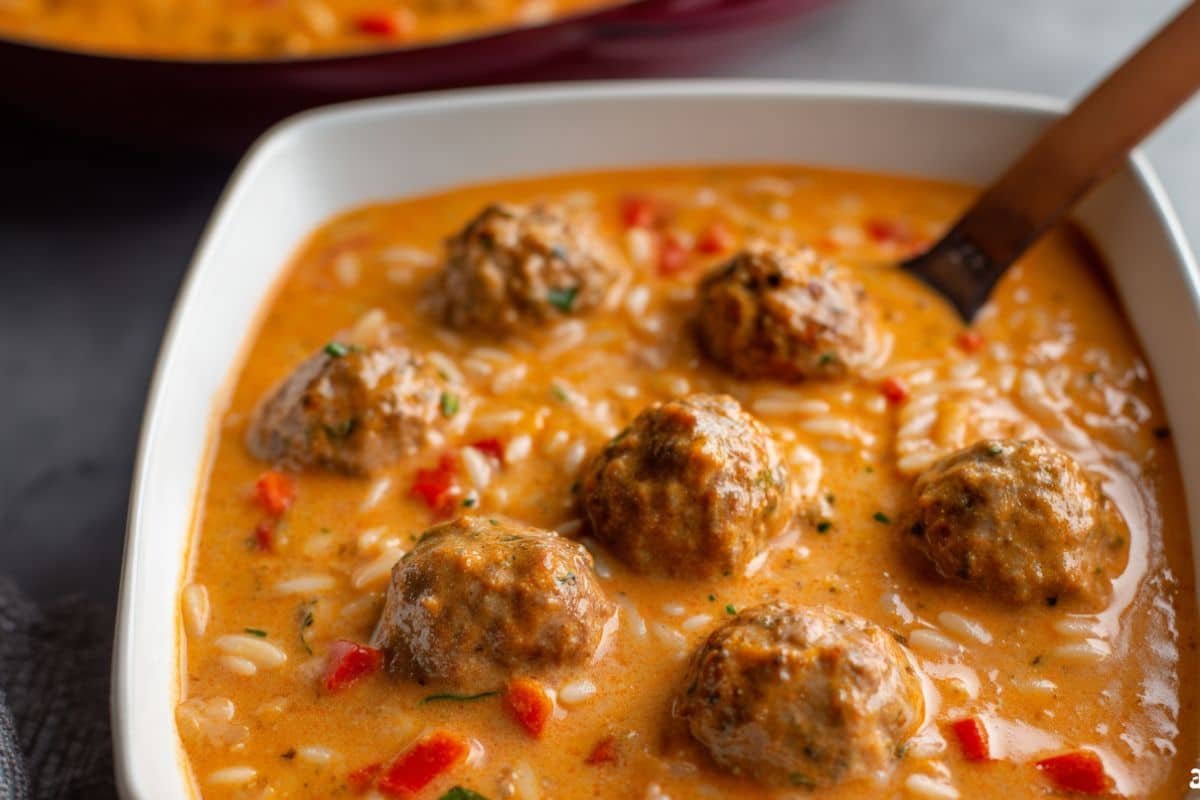 Creamy Tomato Orzo Soup with Chicken Meatballs