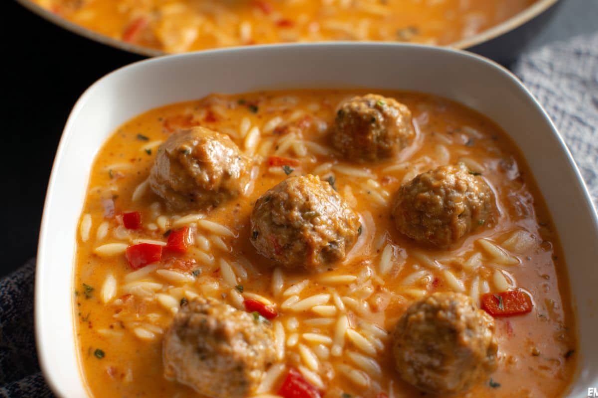 Creamy Tomato Orzo Soup with Chicken Meatballs