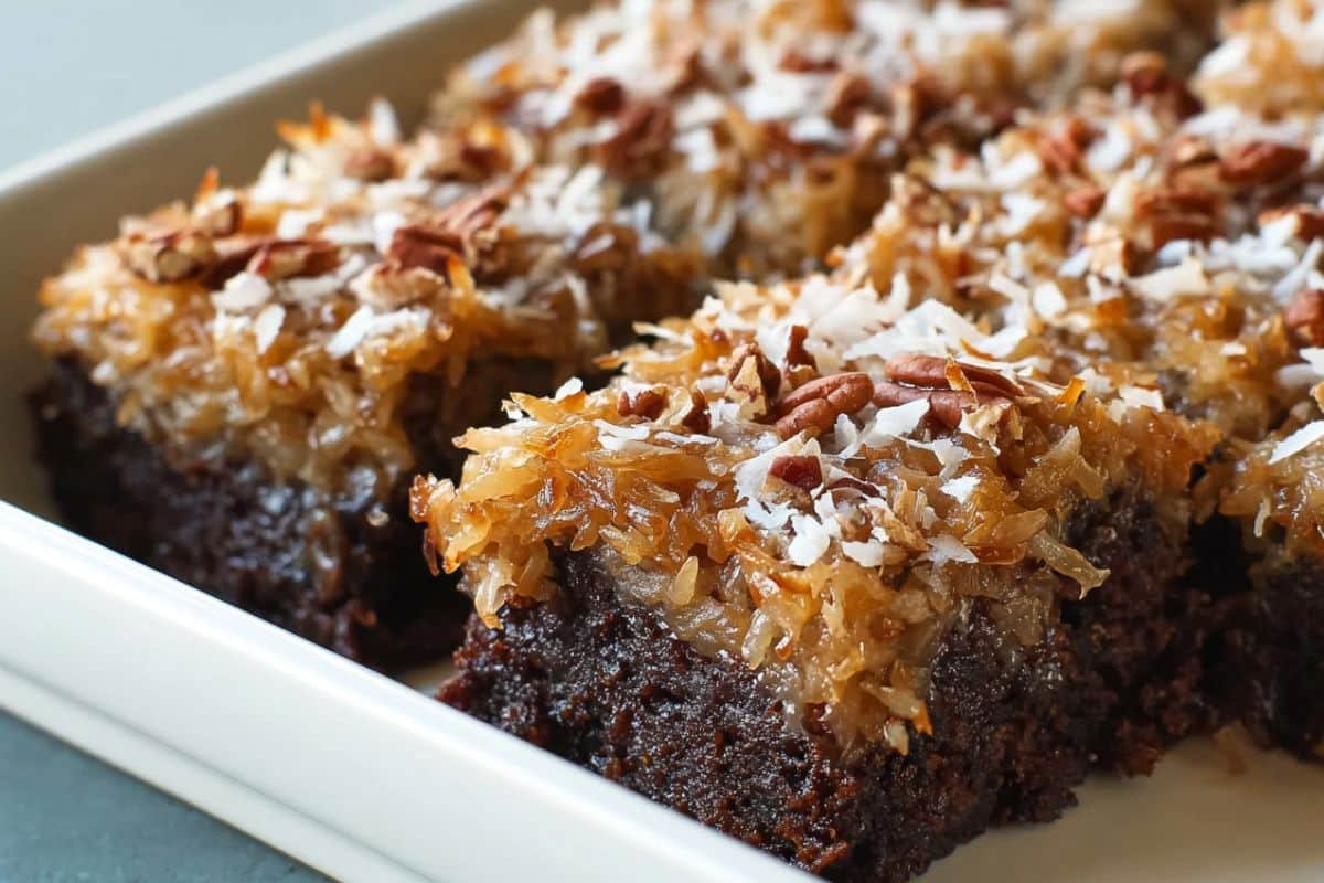 German Chocolate Snack Cake With Coconut‑Pecan Frosting