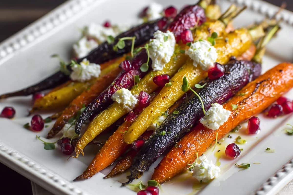 Honey Roasted Rainbow Carrots with Burrata and Pomegranate