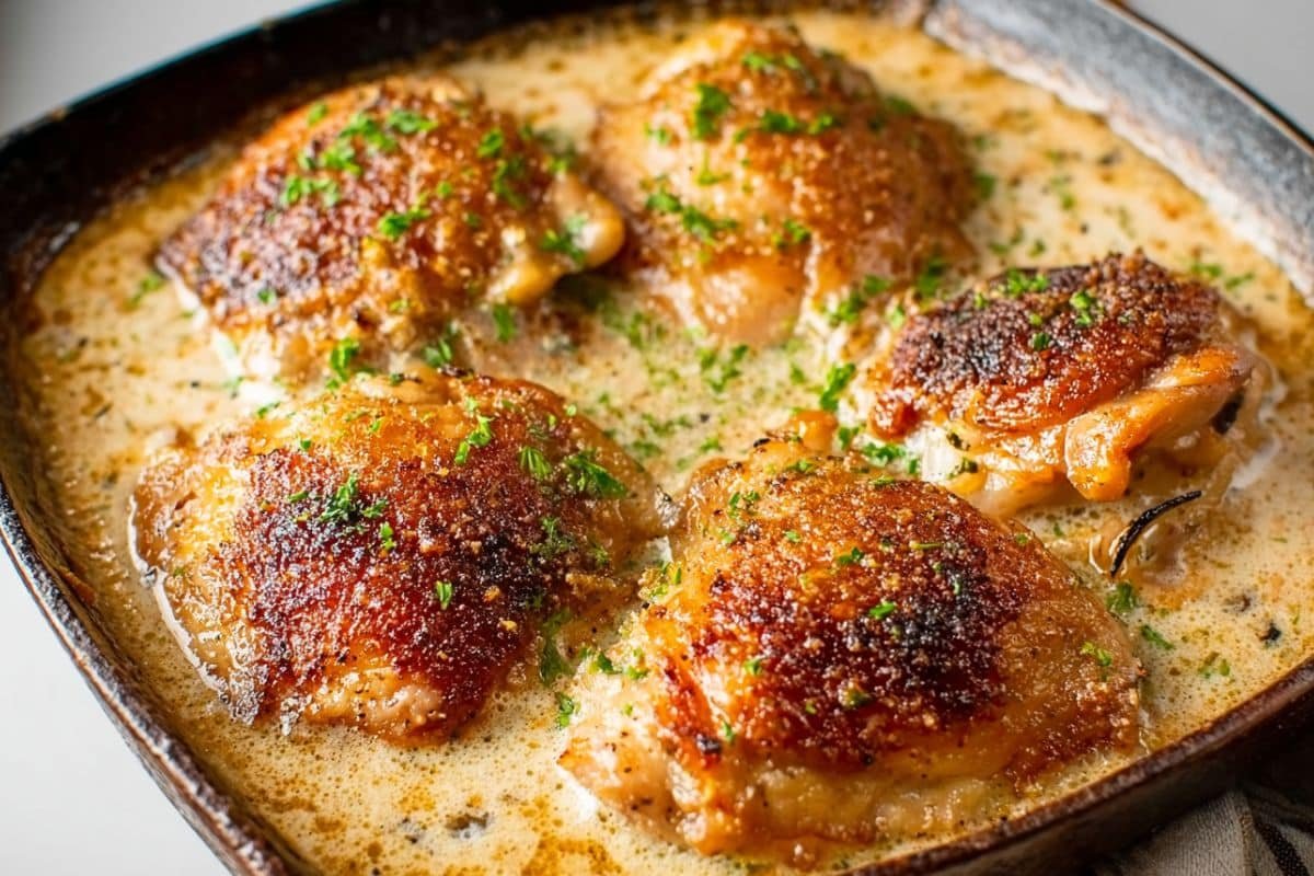 Creamy One Skillet Smothered Chicken Thighs
