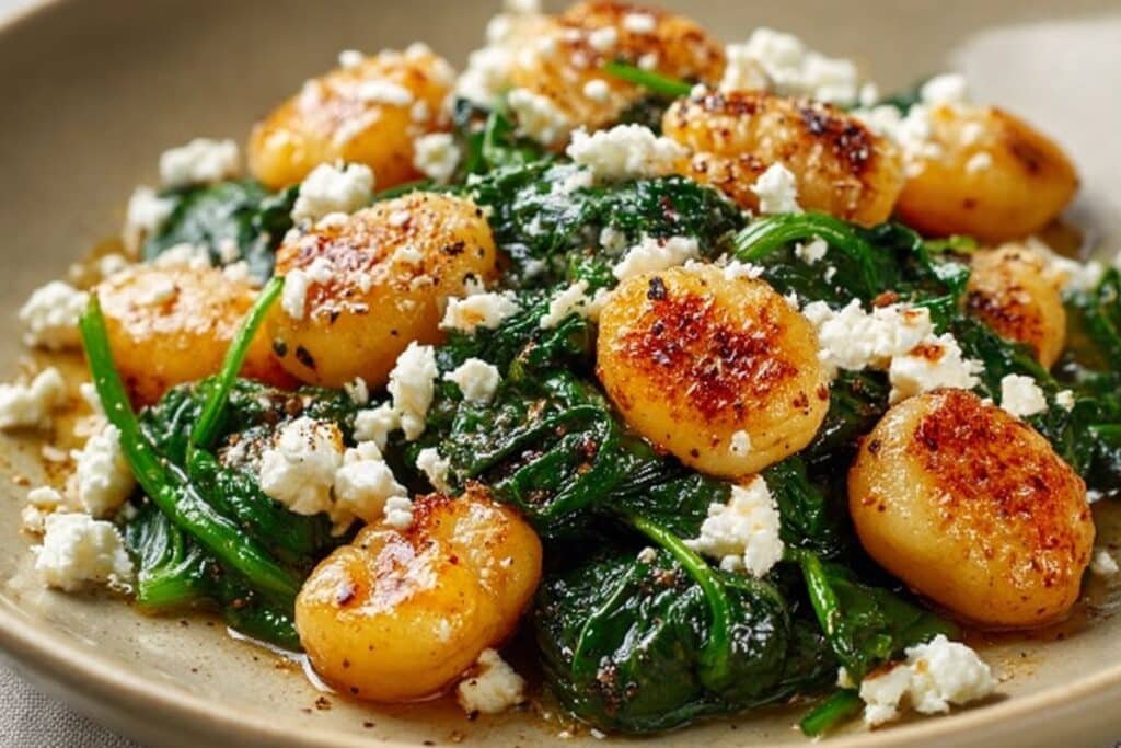 Crispy Gnocchi with Spinach and Feta